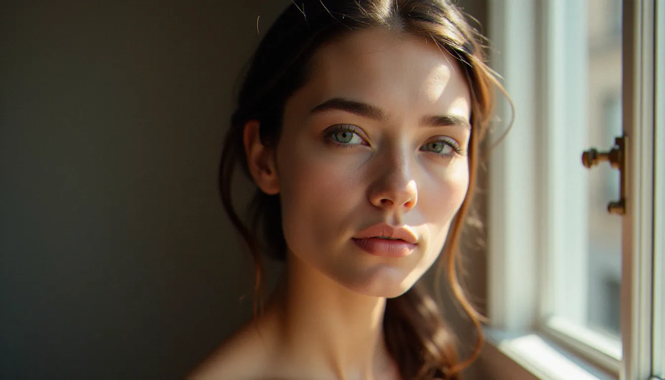 Photographe utilisant un appareil photographique de moyen format pour réaliser un portrait femme en lumière naturelle douce dans un studio urbain minimaliste
