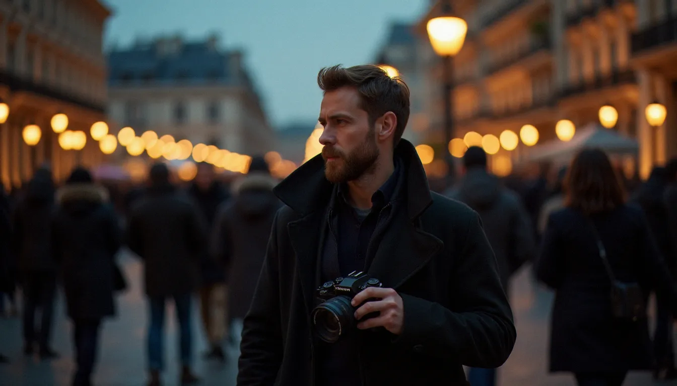 Photographe de reportage tenant un appareil photographique de moyen format dans une place animée au crépuscule, composition documentaire en lumière urbaine chaude