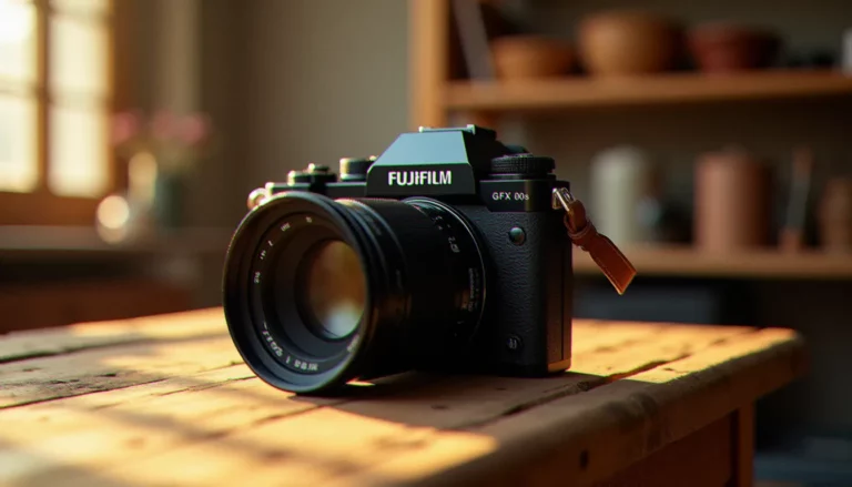 Appareil photographique de moyen format Fujifilm GFX posé sur une table en bois dans un studio toulousain baigné de lumière naturelle dorée