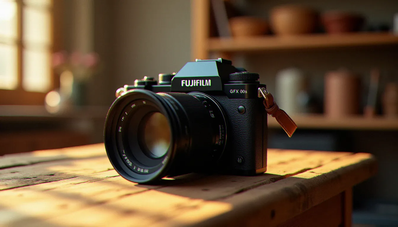 Appareil photographique de moyen format Fujifilm GFX posé sur une table en bois dans un studio toulousain baigné de lumière naturelle dorée