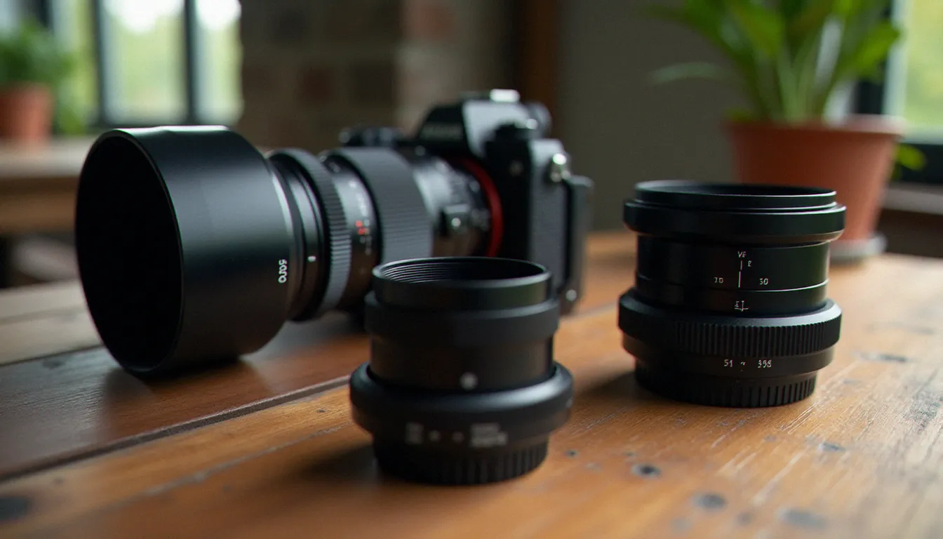 Ensemble de trois tubes d'extension photographiques de différentes longueurs disposés sur une table en chêne à côté d'un objectif 50mm et d'un boîtier hybride
