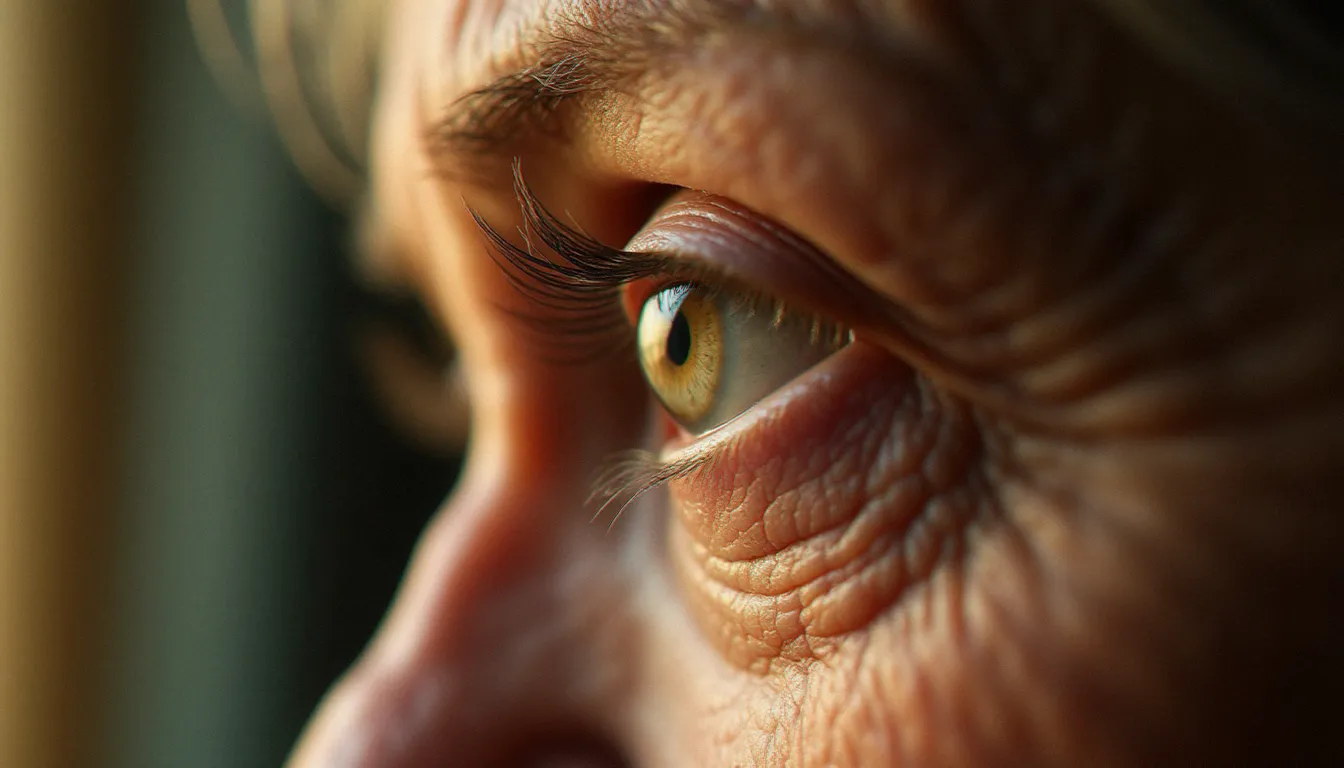 Portrait macro extrême d'un œil de femme âgée réalisé avec des tubes d'extension photographie, révélant la texture fine de l'iris en lumière naturelle douce à Toulouse