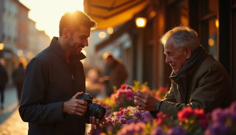 Photographe utilisant des tubes d'extension terme photographie pour capturer un portrait macro d'une vendeuse de fleurs au marché du Capitole à Toulouse en lumière dorée