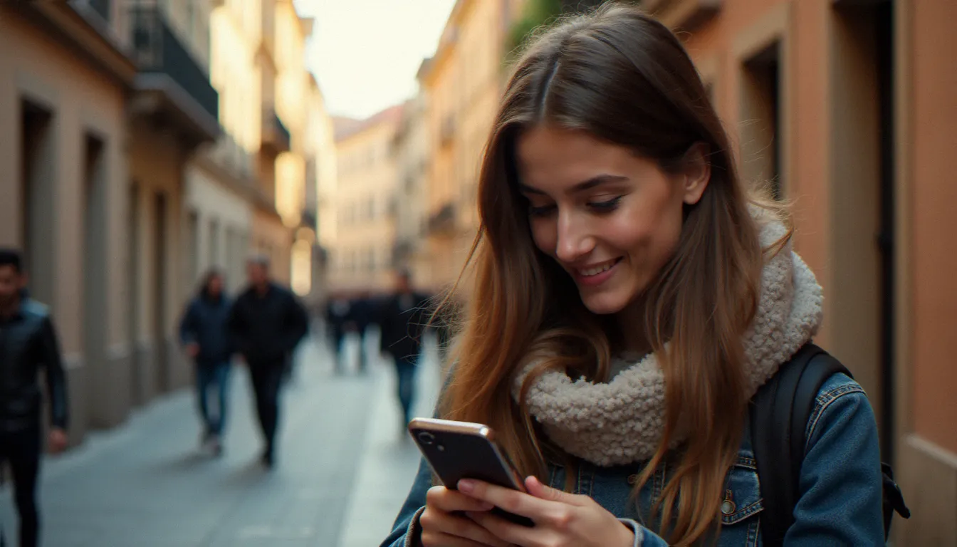 Femme regardant son smartphone dans une rue de Toulouse, lumière dorée de fin de journée, style documentaire