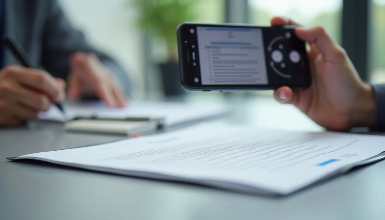 Main tenant un smartphone au-dessus d'un document officiel blanc, avec application de scan documentaire active sur l'écran, lumière naturelle diffuse sans reflet