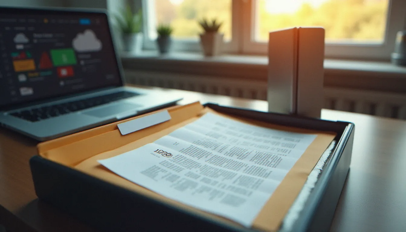Bureau organisé avec classeur de documents numérisés classés par année, ordinateur portable ouvert sur un service de stockage cloud sécurisé, illustrant la conservation d'images d'avis d'imposition