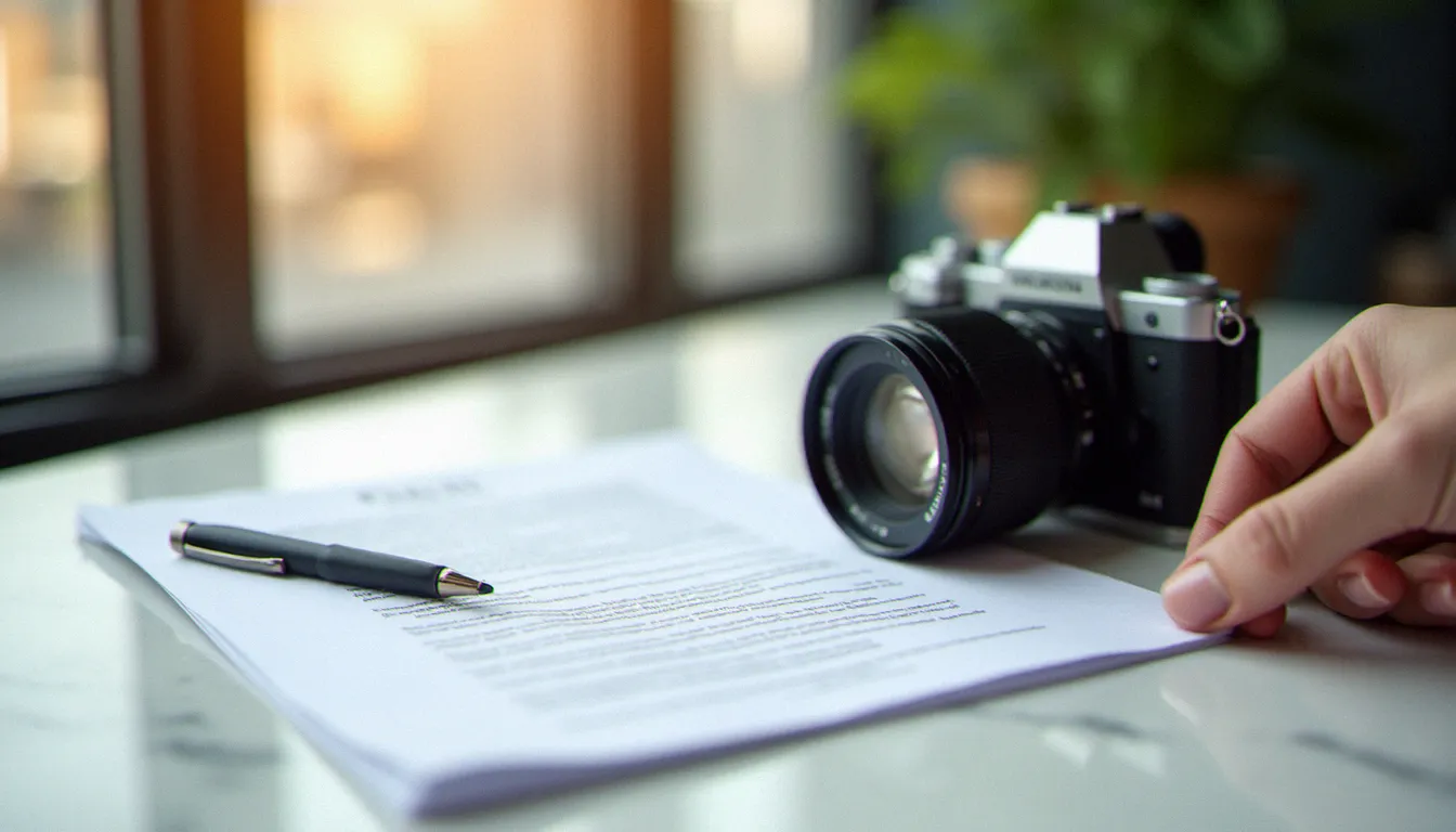 Main tenant un document fiscal officiel à côté d'un boîtier photo professionnel, illustrant les justificatifs de revenus indispensables au photographe freelance