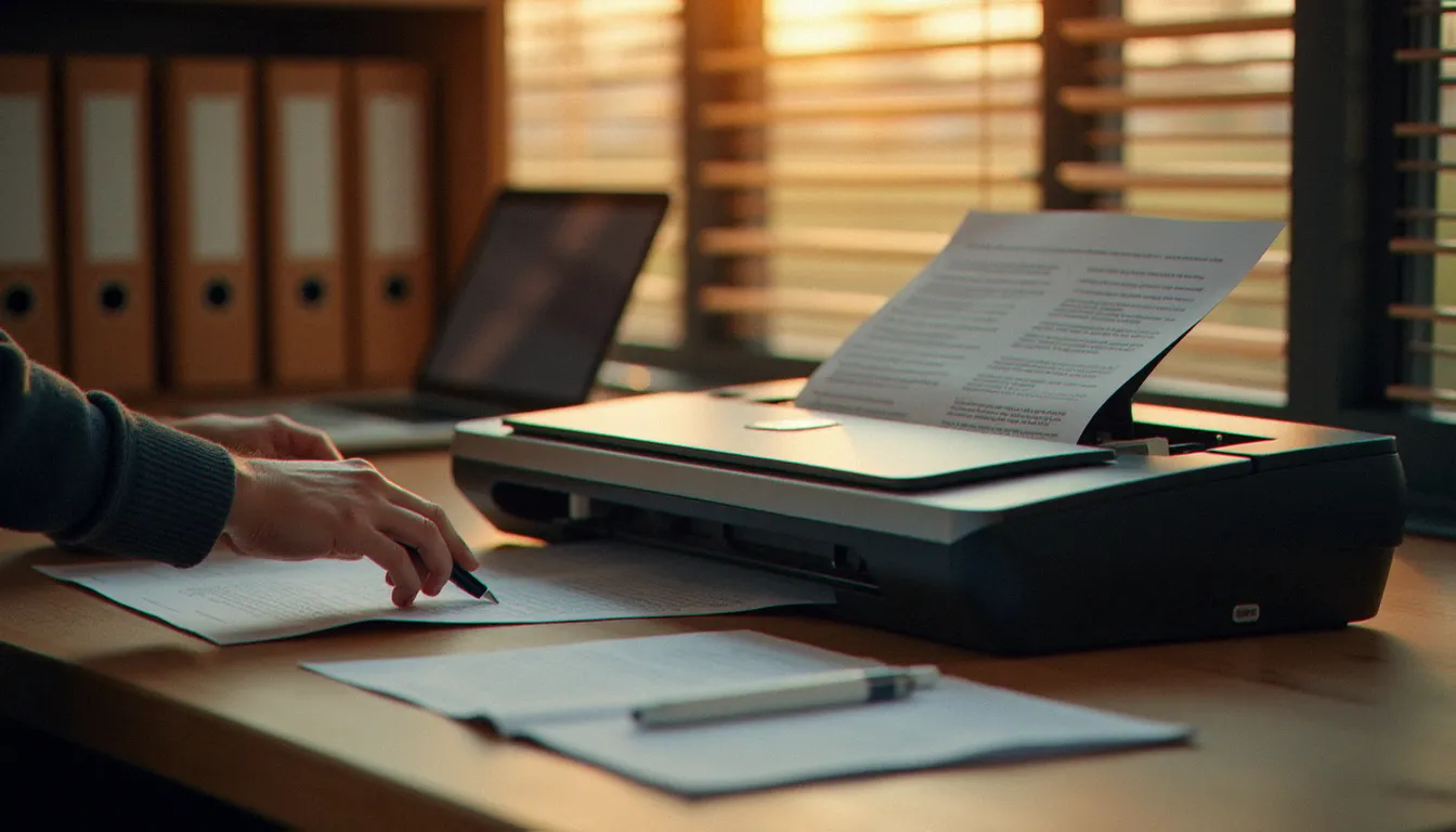 Photographe numérisant un document officiel avec un scanner à plat dans un bureau minimaliste, illustrant l'archivage professionnel rigoureux de l'image avis de cotisation