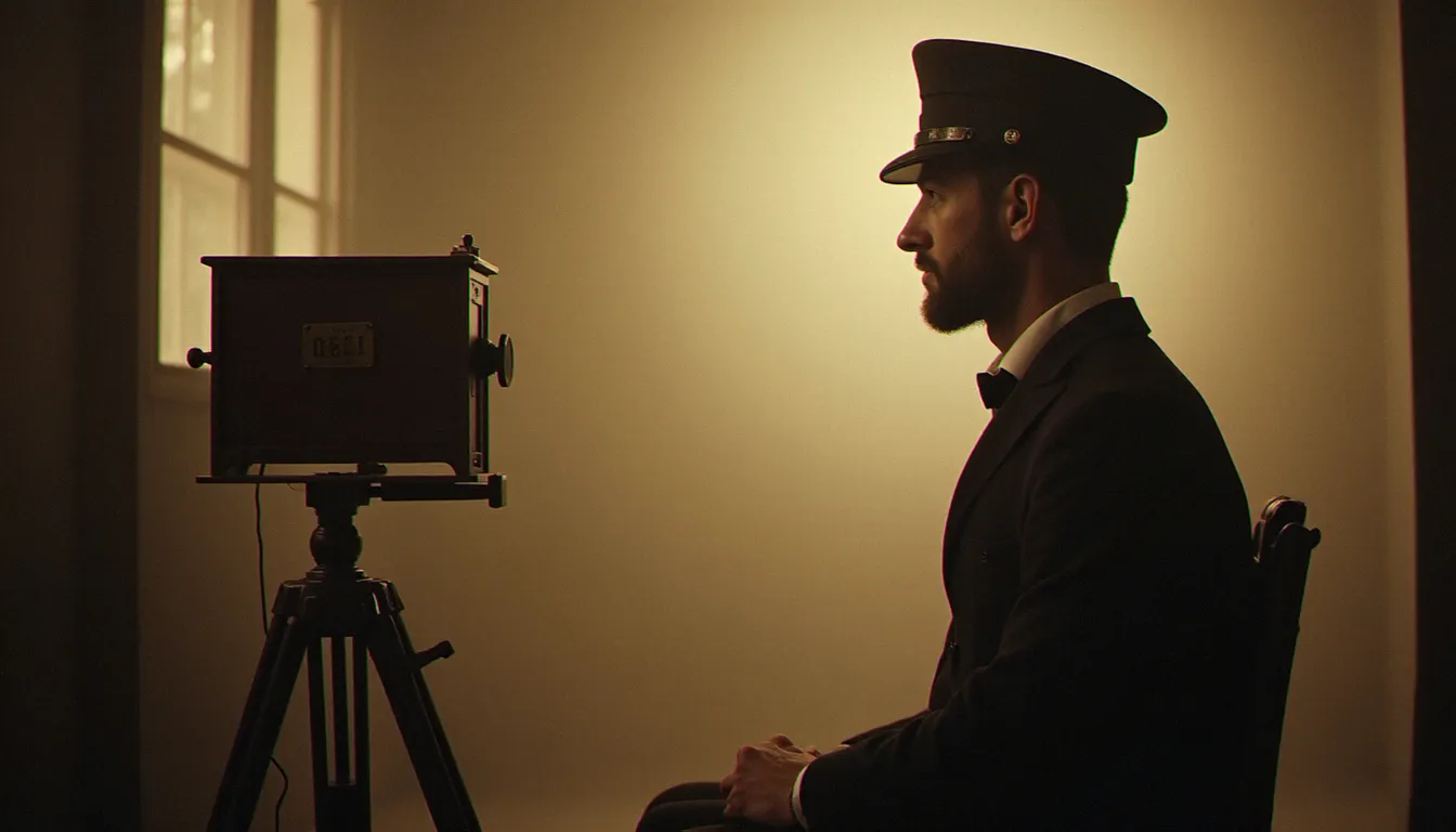 Reconstitution d'un atelier de photographie judiciaire parisien fin XIXe siècle dans l'esprit du système Bertillon, montrant un homme en habit d'époque photographié de profil sous éclairage naturel