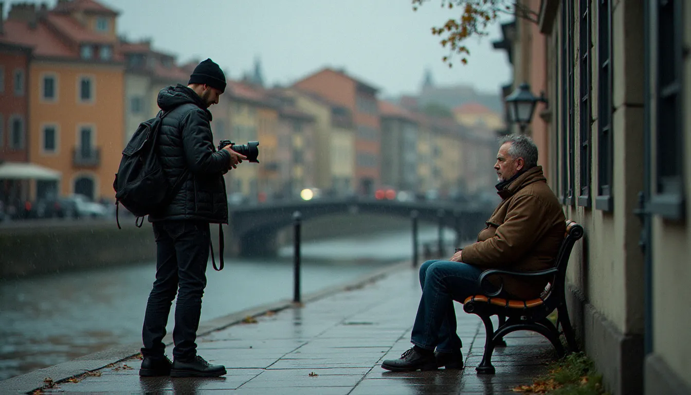 Photographe documentaire au travail dans le quartier Saint-Cyprien de Toulouse sous lumière nuageuse diffuse, capturant un portrait frontal d'un passant dans l'esprit dépouillé de l'image avis de recherche
