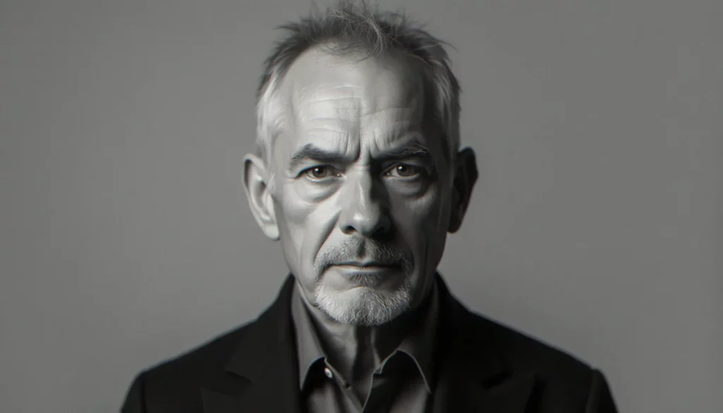 image avis de recherche featured Portrait documentaire en noir et blanc d'un homme regardant droit face caméra sur fond gris neutre, éclairage frontal plat évoquant l'esthétique d'une image avis de recherche judiciaire