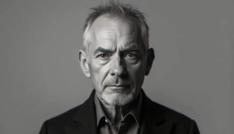 Portrait documentaire en noir et blanc d'un homme regardant droit face caméra sur fond gris neutre, éclairage frontal plat évoquant l'esthétique d'une image avis de recherche judiciaire