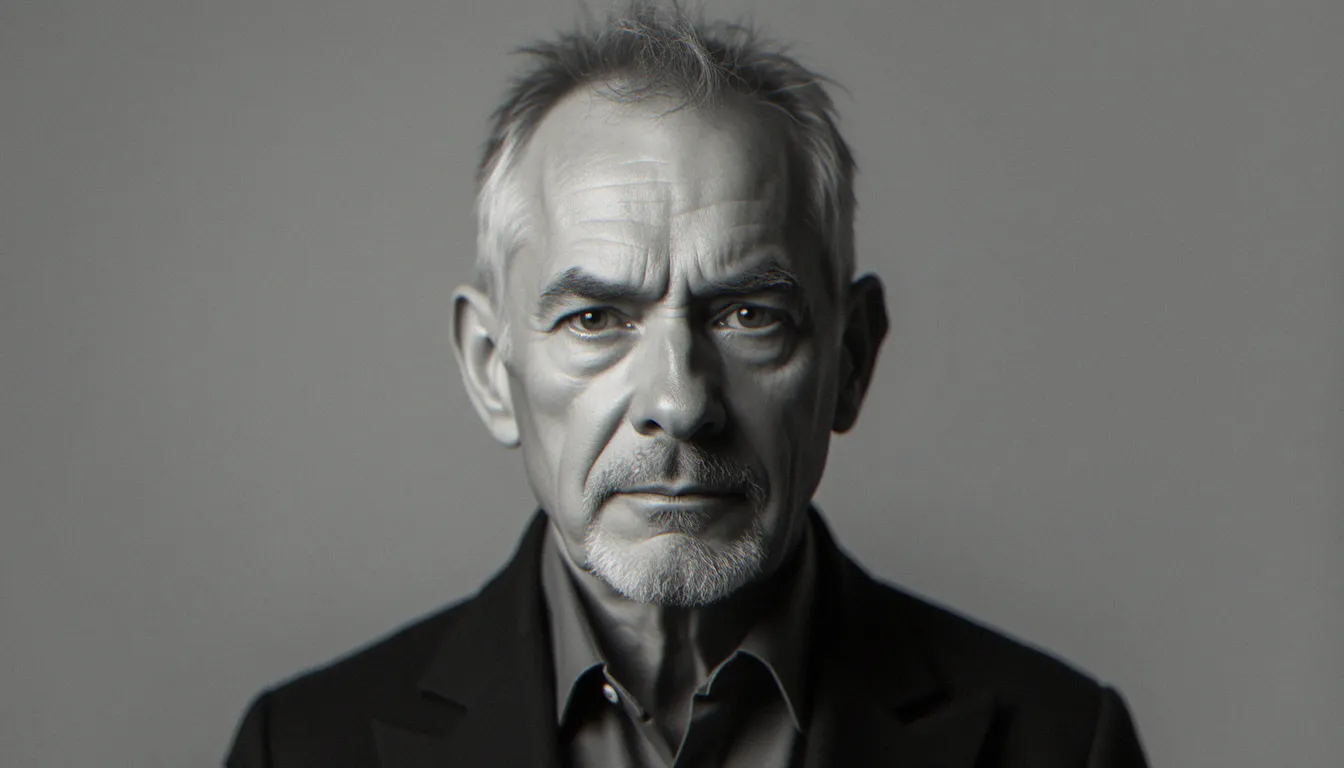 Portrait documentaire en noir et blanc d'un homme regardant droit face caméra sur fond gris neutre, éclairage frontal plat évoquant l'esthétique d'une image avis de recherche judiciaire