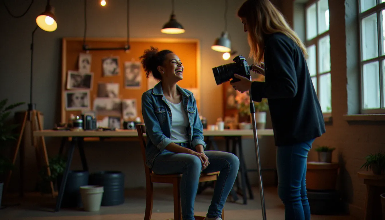 Photographe en studio guidant une femme hilare lors d'une séance portrait destinée à créer une image avis de recherche humour, ambiance atelier créatif avec accessoires vintage