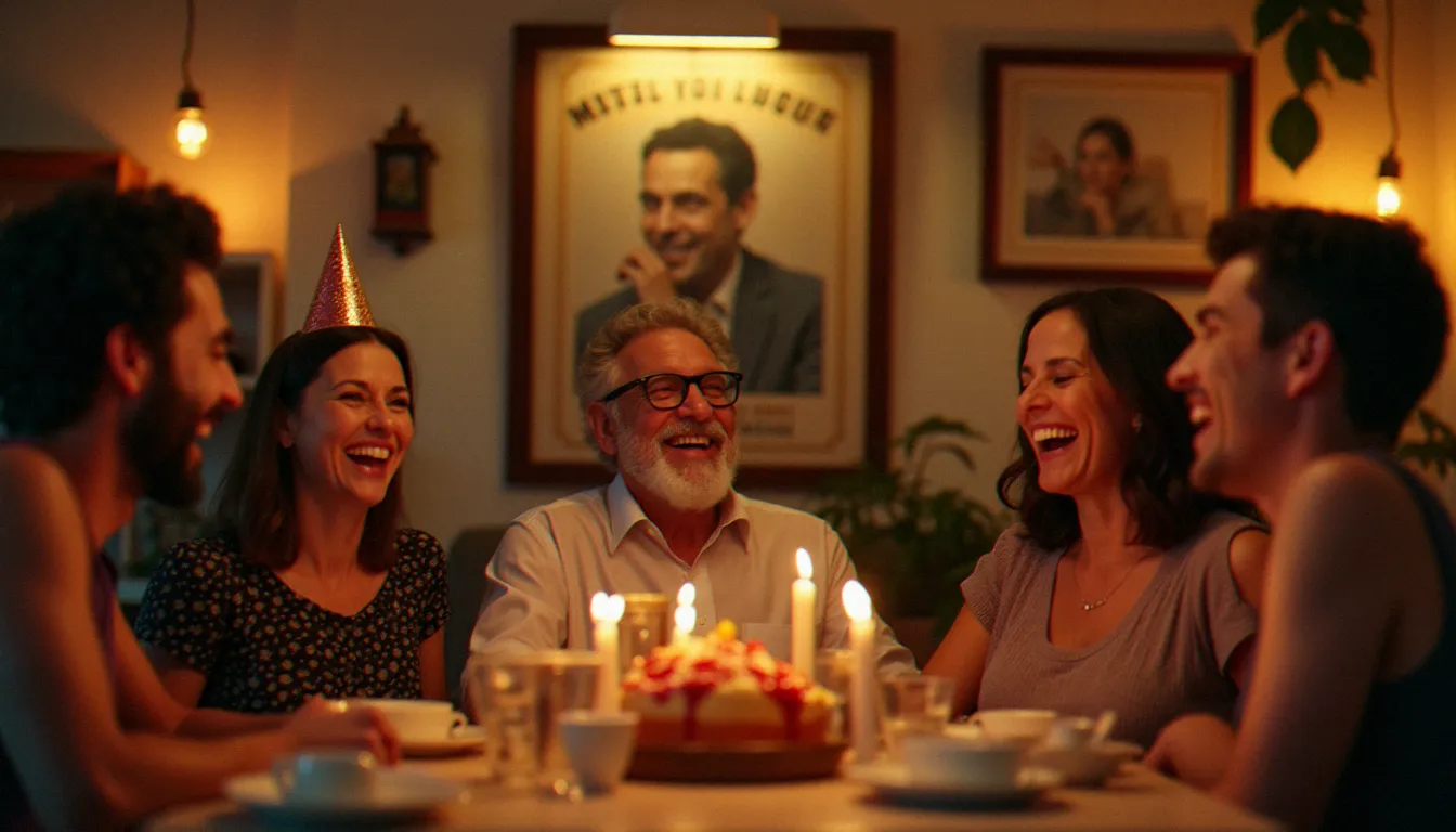 Groupe d'amis riant ensemble devant un avis de recherche humour encadré accroché au mur lors d'une fête d'anniversaire, lumière dorée et atmosphère chaleureuse et festive