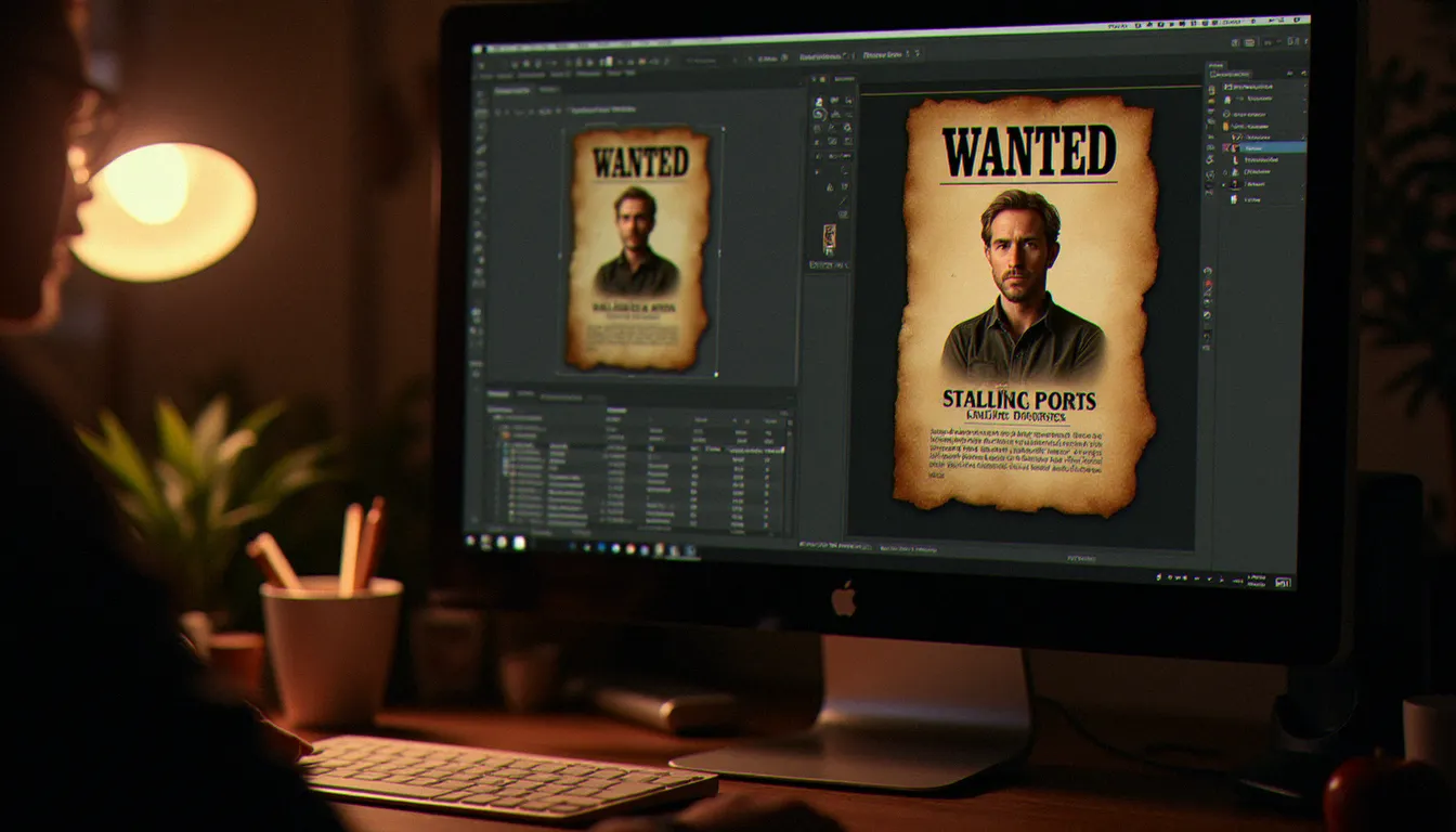 Écran d'ordinateur affichant un portrait en cours de retouche avec effet vieilli et texture papier pour créer une image avis de recherche One Piece dans Photoshop