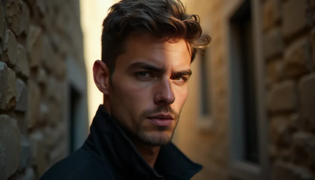 Portrait photographique d'un homme au regard déterminé dans une ruelle toulousaine, style documentaire évoquant une image avis de recherche One Piece