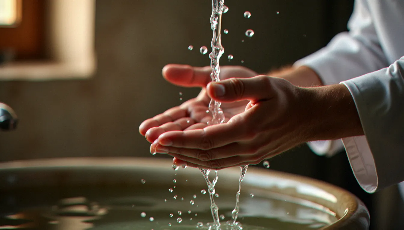 Gros plan sur les mains d'un fidèle lors du lavage rituel des ablutions, gouttelettes d'eau suspendues sur les doigts entrelacés, lumière naturelle latérale chaude