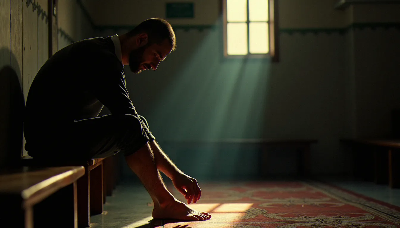 Fidèle effectuant le lavage des pieds lors des ablutions dans une salle de mosquée tamisée, lumière de fenêtre atmosphérique, style documentaire intimiste au ras du sol