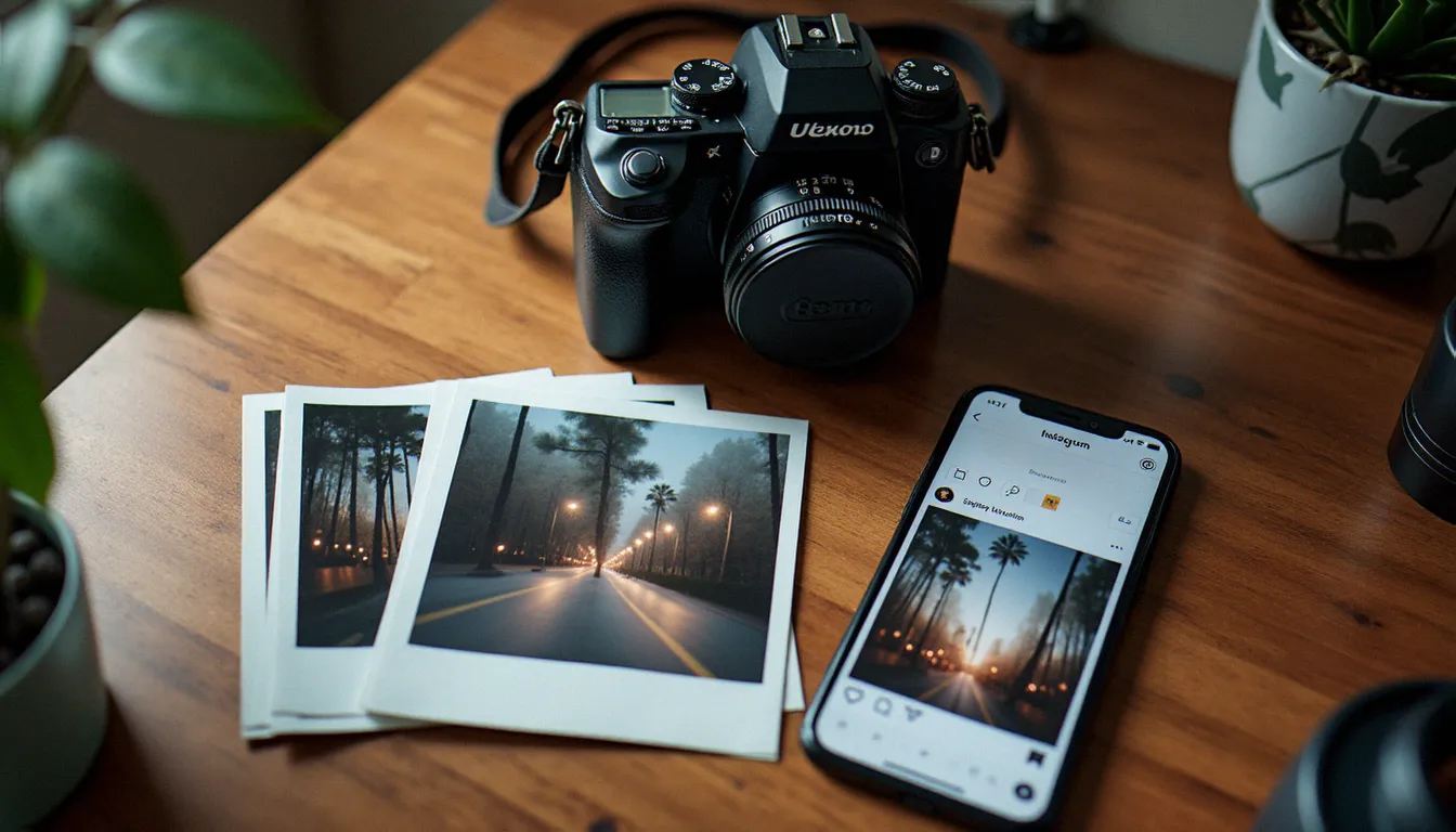 Vue en plongée d'un bureau de photographe avec des tirages portant un tampon discret et un smartphone affichant les mêmes images sur les réseaux sociaux