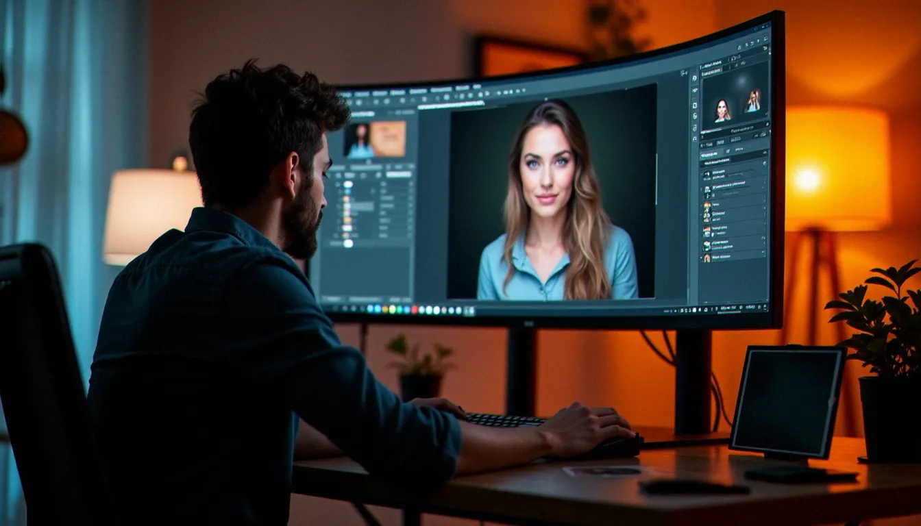 Photographe professionnel appliquant un tampon numérique sur une image portrait en post-traitement, illustrant comment mettre un tampon sur une image