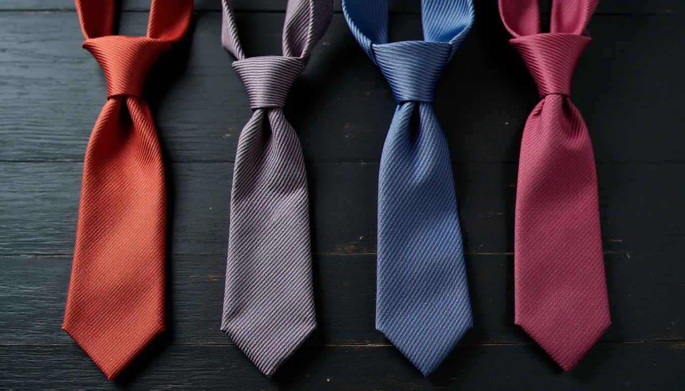 Comparaison visuelle des quatre principaux nœuds de cravate — Simple, demi-Windsor, Windsor et Pratt — posés sur une surface en bois sombre, chacun sur une cravate de couleur différente