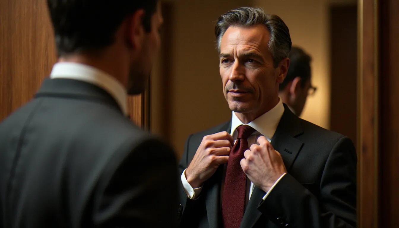 Homme en costume gris anthracite ajustant sa cravate bordeaux avec un nœud Windsor devant un miroir, illustrant l'importance du choix du nœud selon la morphologie et le col de chemise