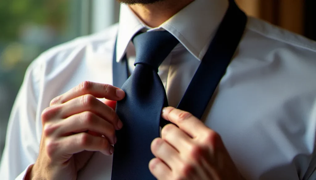 image comment nouer une cravate featured Image montrant comment nouer une cravate Windsor, mains masculines serrant un nœud parfait sur une cravate en soie bleue marine, chemise blanche à col écarté
