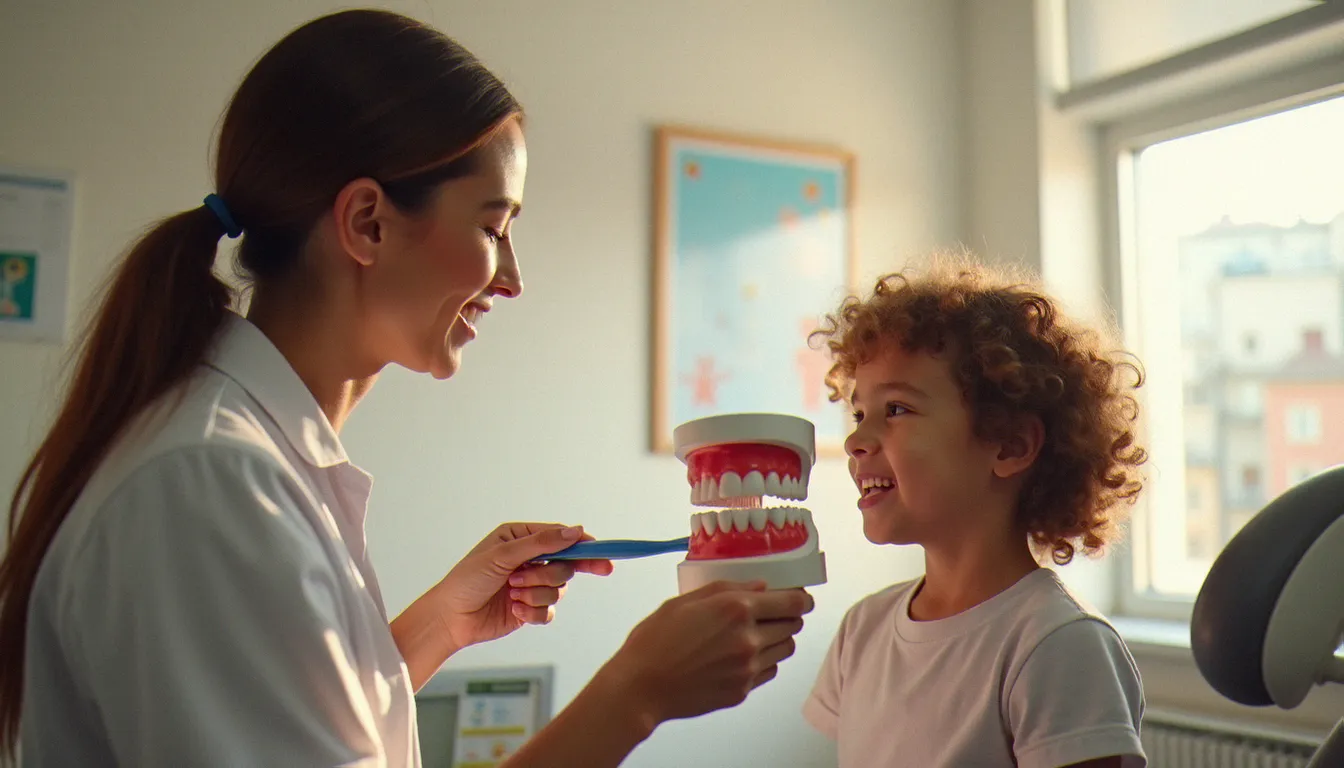 Professionnel de santé bucco-dentaire en consultation pédagogique, montrant à un jeune patient la bonne technique de brossage des dents à l'aide d'un modèle dentaire agrandi, contexte éducatif authentique en cabinet