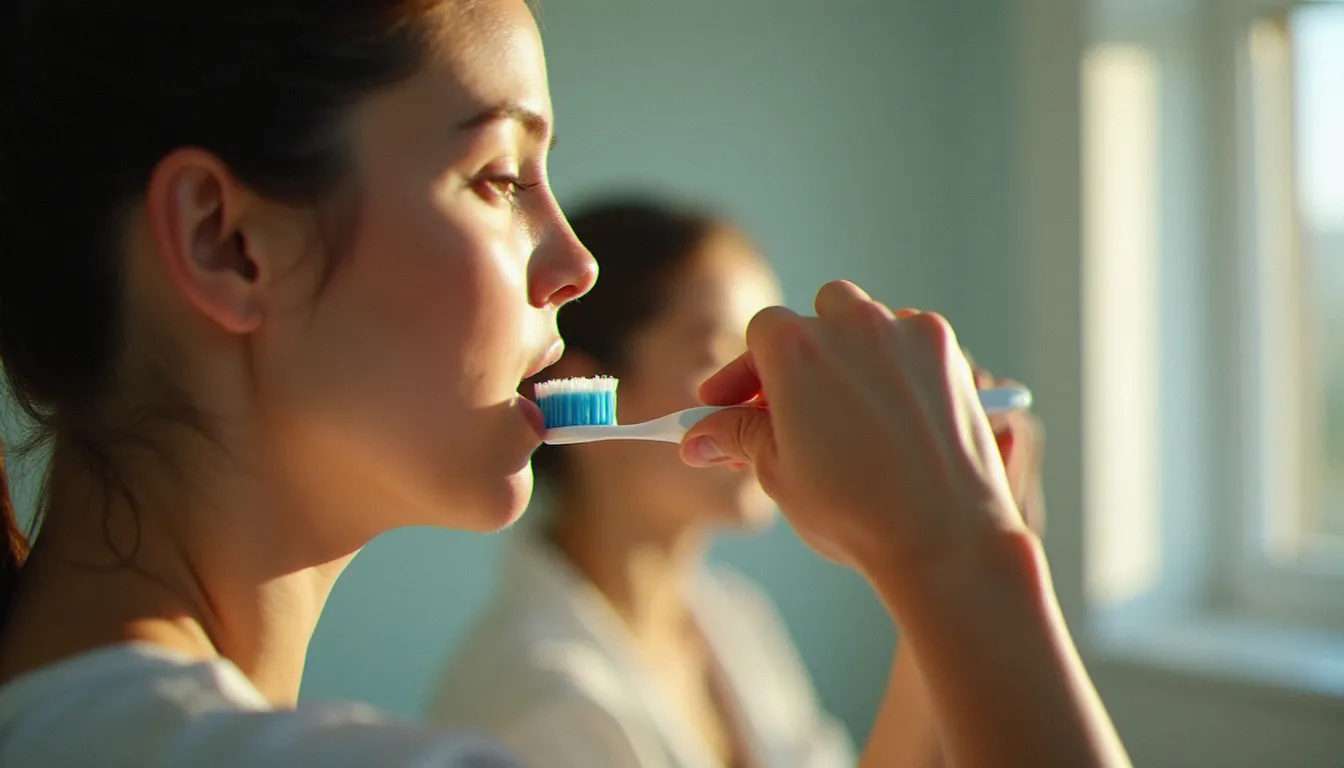 Femme adulte utilisant la technique correcte pour se brosser les dents, brosse à dents positionnée à 45 degrés sur la gencive, lumière naturelle du matin, image comment se brosser les dents en situation réelle