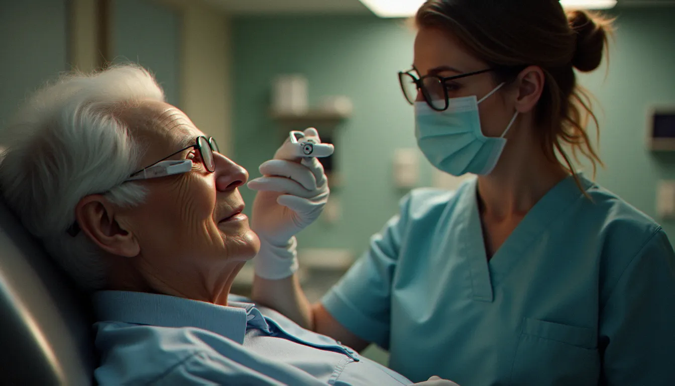 Patient âgé recevant sereinement une séance d'image guided superficial radiation therapy sur le visage, accompagné de son dermatologue dans un environnement clinique apaisant