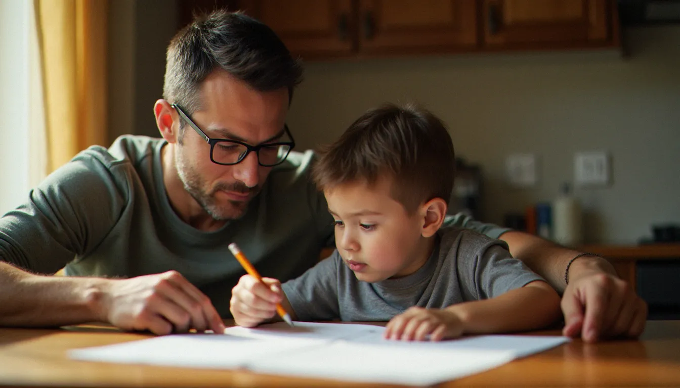 Père et fils assis à une table en bois, partageant un moment de complicité lors des devoirs à la maison, lumière naturelle de fenêtre en éclairage latéral