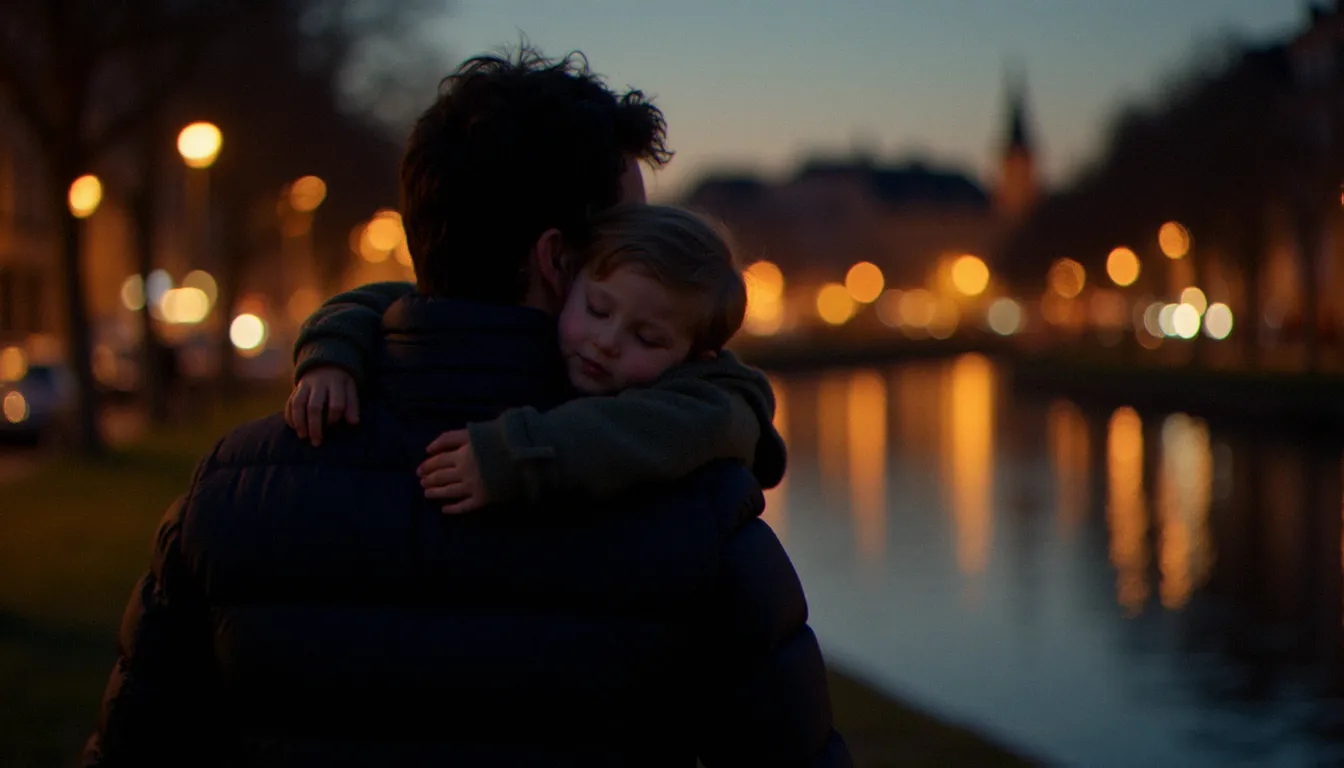 Père portant son enfant endormi sur l'épaule le long d'un canal au crépuscule, lumière chaude de fin de journée créant une atmosphère intime et douce