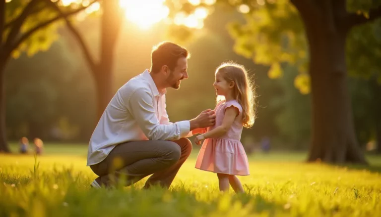 Portrait émouvant d'un père agenouillé face à sa fille qui rit dans un parc de Toulouse, illustrant une image meilleur papa du monde en lumière naturelle dorée