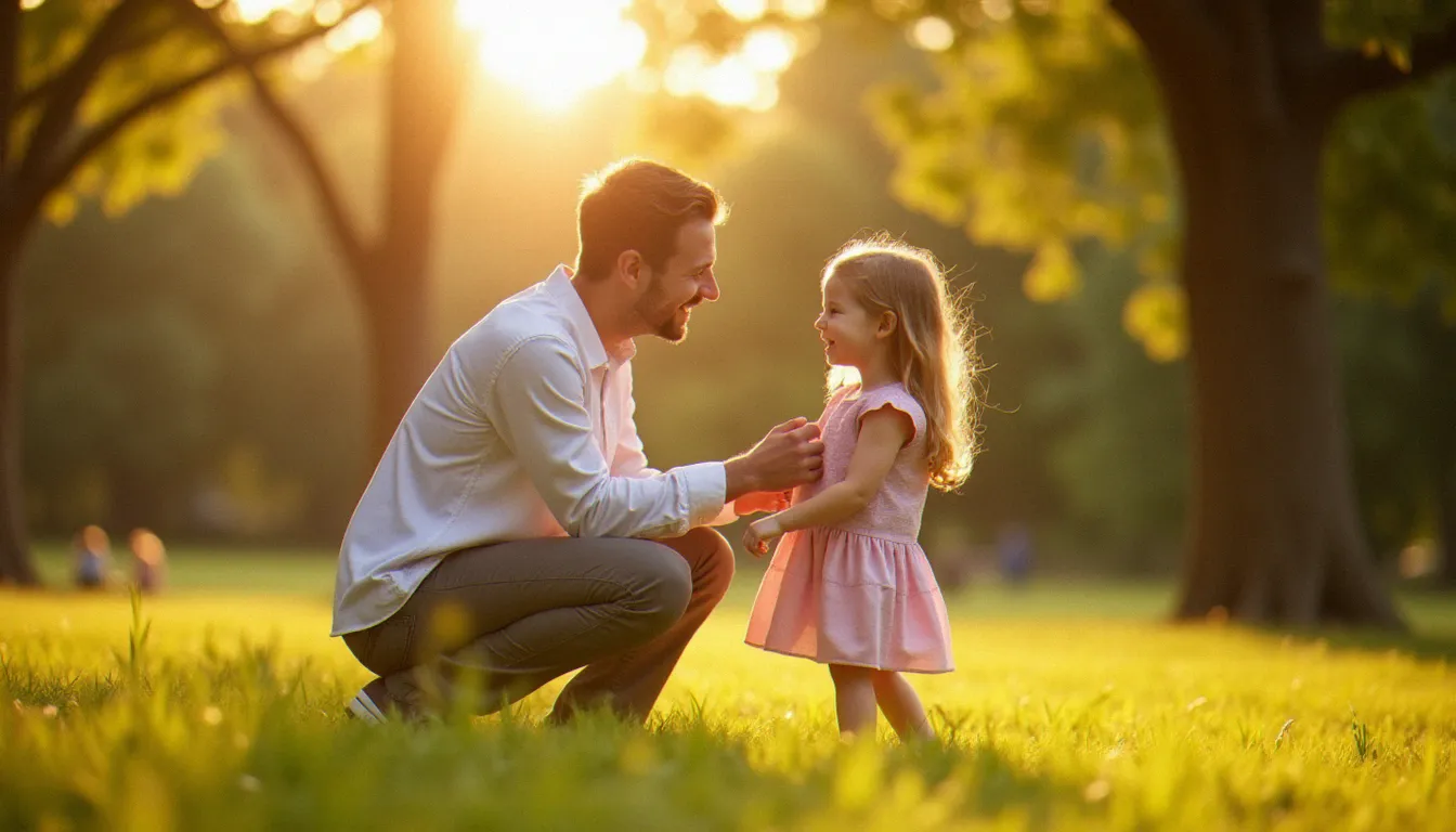 Portrait émouvant d'un père agenouillé face à sa fille qui rit dans un parc de Toulouse, illustrant une image meilleur papa du monde en lumière naturelle dorée