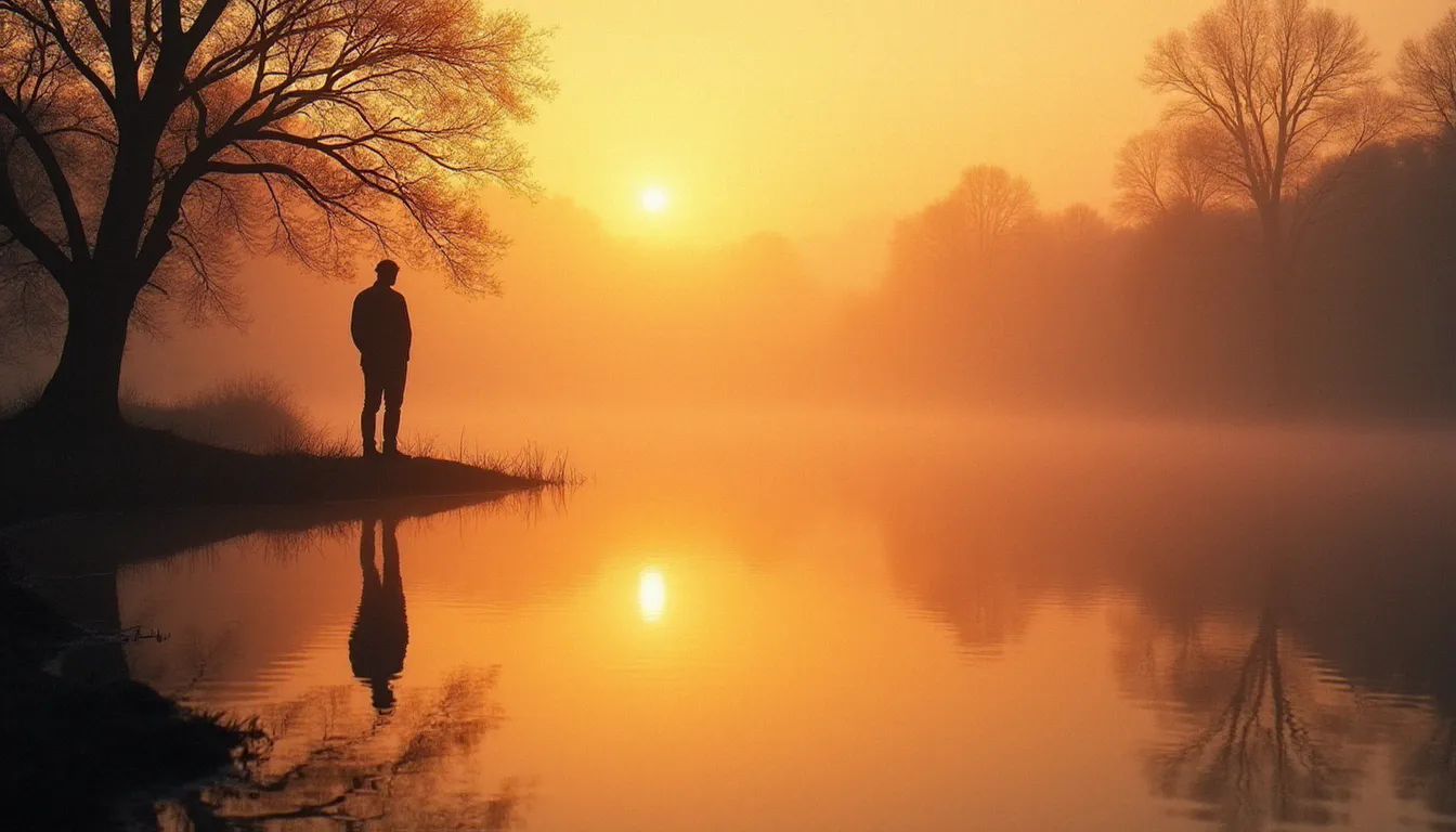 Silhouette humaine contemplative au bord d'un lac au crépuscule, tendance photographique documentaire pour les vœux 2026
