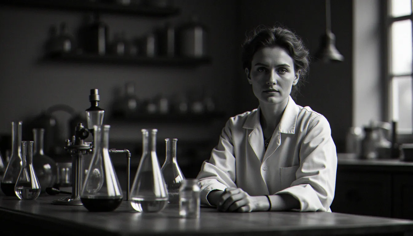 Portrait documentaire noir et blanc d'une scientifique en laboratoire au début du XXe siècle, lumière naturelle latérale, évoquant les premières lauréates du Prix Nobel