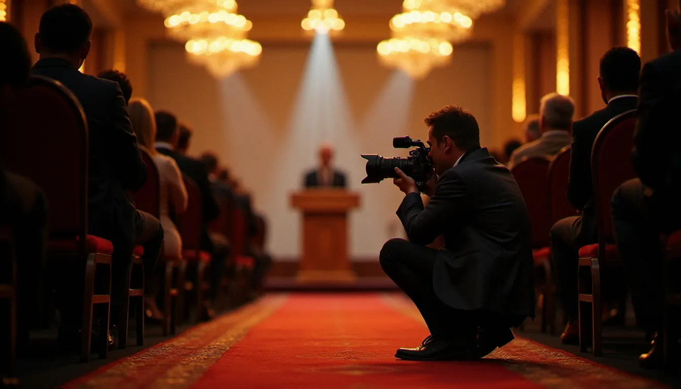 Photographe de presse en position basse lors d'une cérémonie officielle, capturant l'image d'un lauréat à la tribune sous des lustres en cristal, style photojournalisme