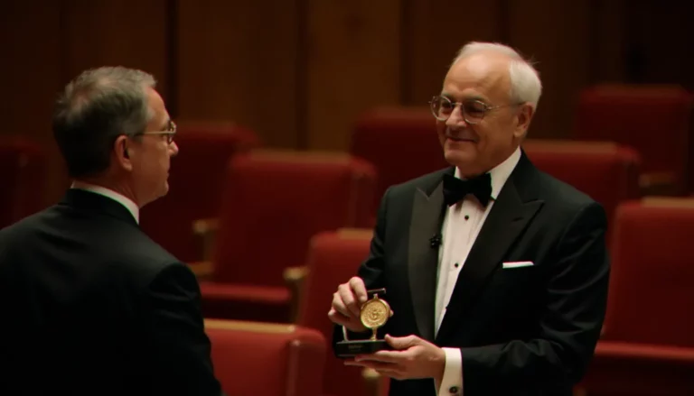 Portrait d'un lauréat lors de la remise de son image prix Nobel à Stockholm, lumière dorée de scène, arrière-plan de velours rouge en bokeh