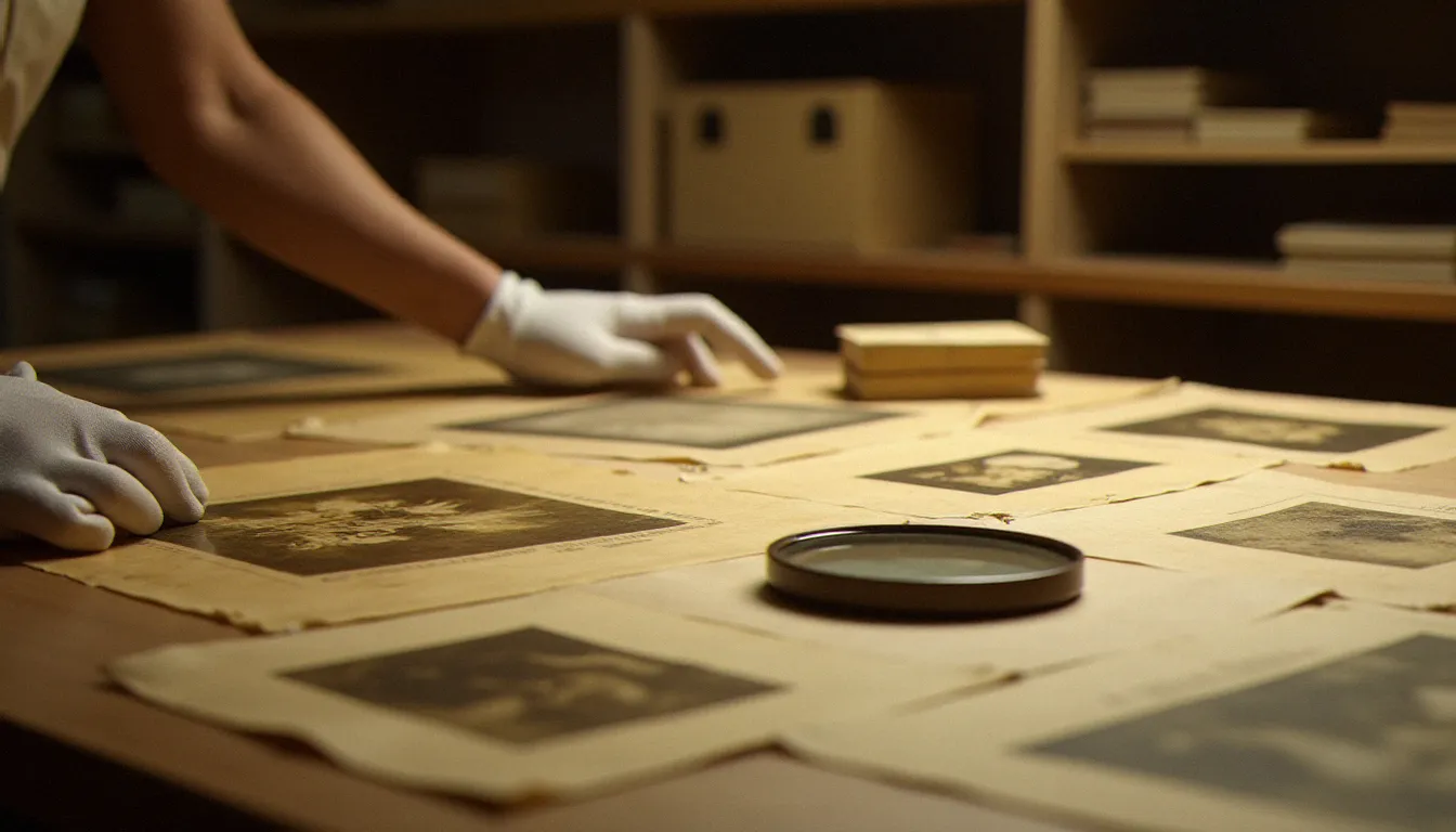 Archives photographiques historiques sur plaque de verre et tirages sépia disposés sur une table de conservation en bois dans un atelier d'archives muséal, illustrant la préservation des images scientifiques du début du siècle