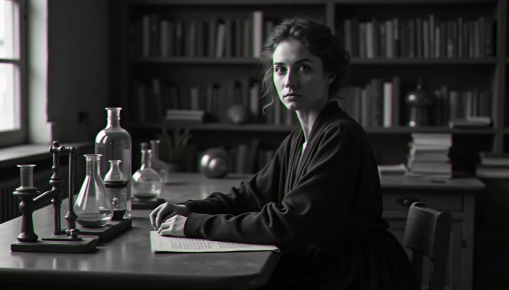 Portrait photographique d'une scientifique dans un laboratoire du début du XXe siècle, évoquant le style visuel des images prix Nobel Marie Curie avec instruments de chimie et lumière naturelle latérale