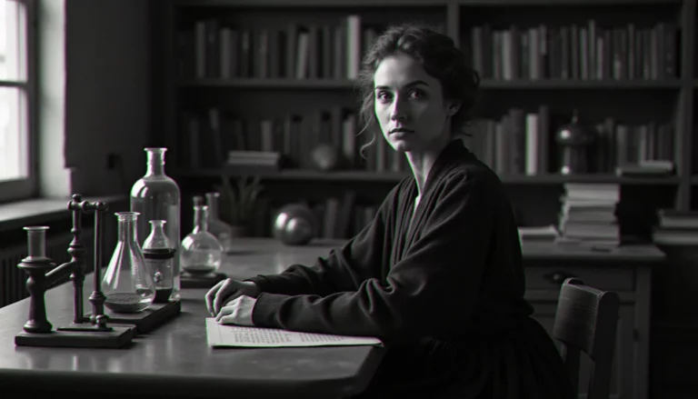 Portrait photographique d'une scientifique dans un laboratoire du début du XXe siècle, évoquant le style visuel des images prix Nobel Marie Curie avec instruments de chimie et lumière naturelle latérale