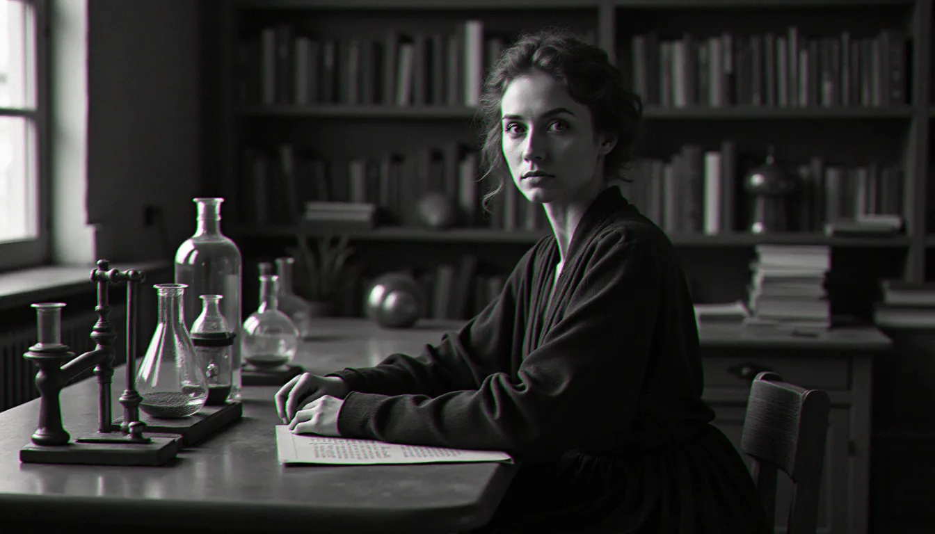 Portrait photographique d'une scientifique dans un laboratoire du début du XXe siècle, évoquant le style visuel des images prix Nobel Marie Curie avec instruments de chimie et lumière naturelle latérale