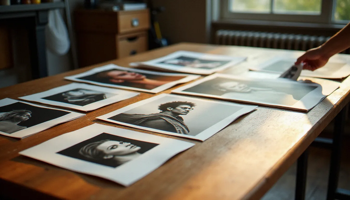 Tirages Fine Art de portraits primés disposés sur une table de studio en bois, illustrant les critères de sélection et la qualité exigée pour une image prix star