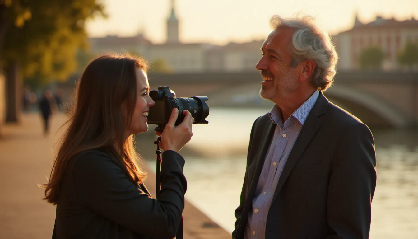 Séance de portrait en extérieur au bord de la Garonne à Toulouse, moment d'interaction naturelle entre photographe et sujet lors de la création d'une image prix star en lumière naturelle