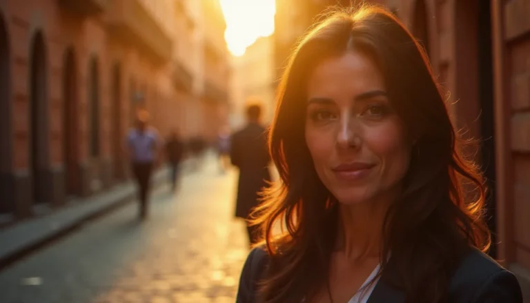 Portrait d'une femme en lumière naturelle dorée dans une rue pavée de Toulouse, illustrant la qualité et l'authenticité d'une image prix star en photographie portrait