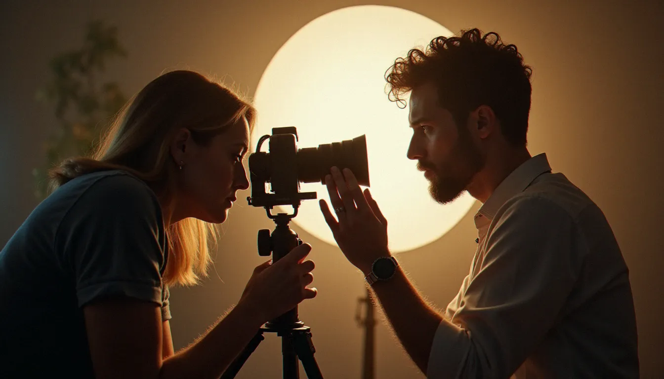 Photographe professionnel concentré en studio avec appareil moyen format sur trépied, lumière naturelle diffuse, symbolisant le processus rigoureux de création d'une image primée légendaire
