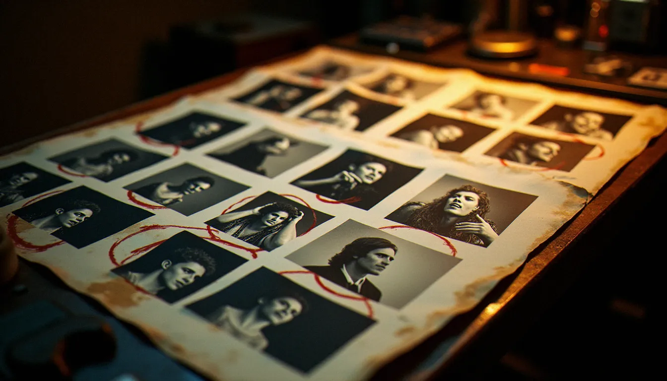 Planche contact argentique sur table lumineuse montrant plusieurs clichés d'une star en différents registres émotionnels, illustrant le processus de sélection d'une image prix star légendaire parmi des dizaines de prises