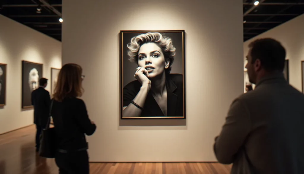 Grand portrait en noir et blanc d'une star légendaire exposé dans une galerie sous éclairage muséal, incarnant le concept d'image prix star légendaire préservée et célébrée