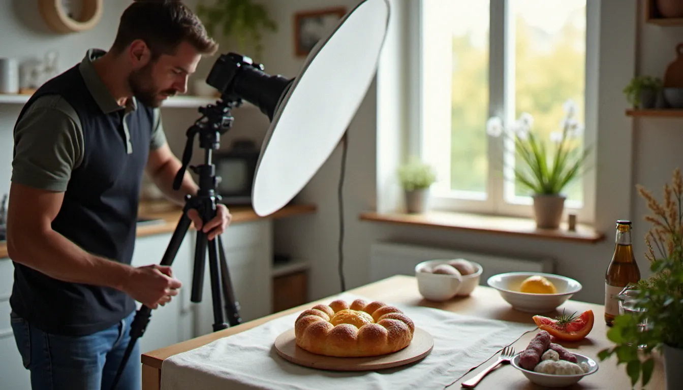 Setup de photographie culinaire avec réflecteur blanc et trépied pour photographier une galette des rois en lumière naturelle diffuse près d'une fenêtre